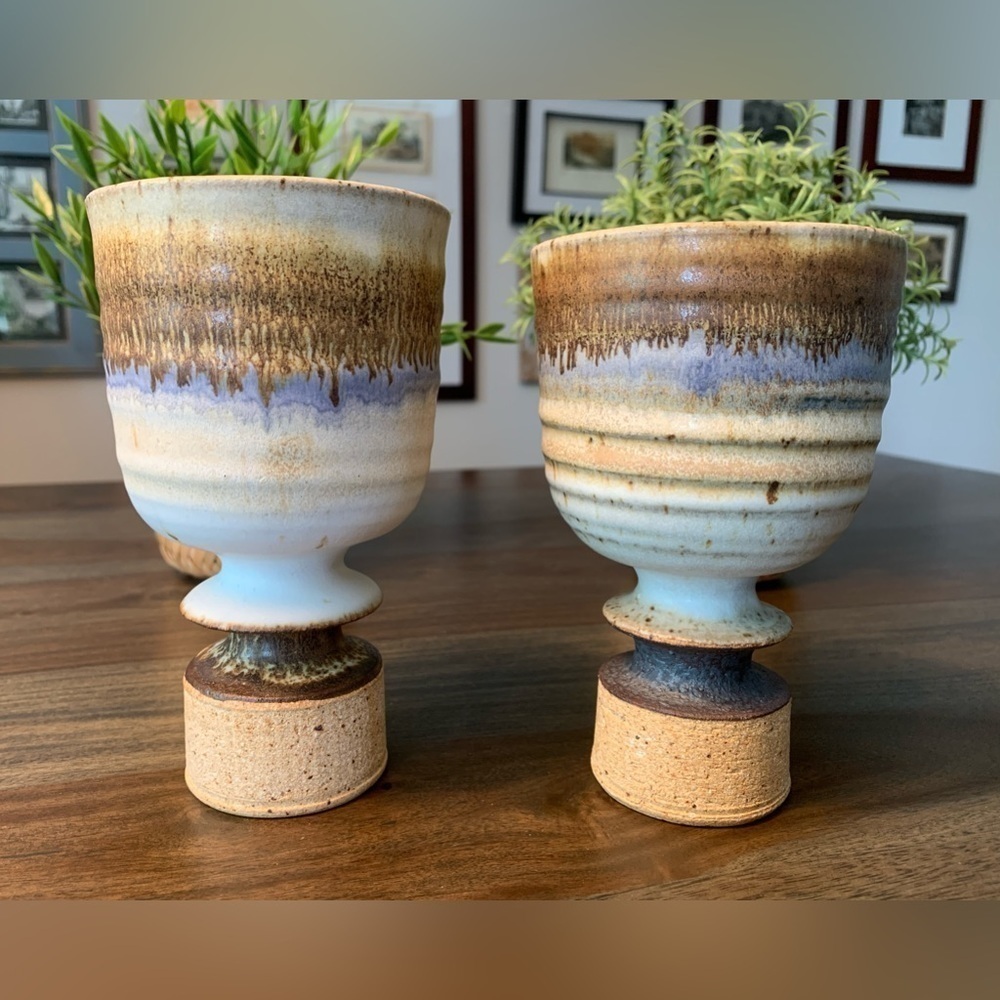 Pair of Signed KIH Or KIN Studio Pottery Mugs Cups Vintage Blue Brown Beige OOAK